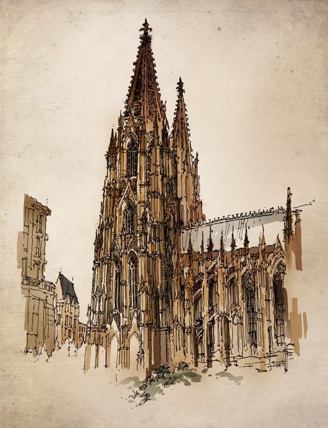 Cologne Cathedral Drawing, Cathedral Tattoo, A Level Art Sketchbook, Conceptual Architecture, Architectural Drawing, Building Art, Drawing Stuff, Watercolor Paintings Tutorials, Urban Sketchers