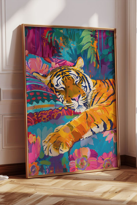 Elevate your space with our vibrant Maximalist Eclectic Tiger digital wall art print! Perfect for adding a splash of the bright color aesthetic to any room, this downloadable dopamine wall art piece bring a fresh and lively touch to your decor. Download and Print today! Bright Color Aesthetic, Vibrant Maximalist, Cuadros Aesthetic, Maximalist Eclectic, Tiger Wall Art, Color Aesthetic, Animal Canvas Art, Diy Artwork, Muse Art