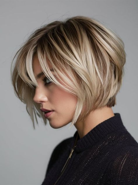 This sleek blunt bob with subtle highlights is the quintessential fall haircut for those seeking a clean, timeless look. The sharp, defined lines of the bob create a polished appearance, while the highlights add depth and dimension. This versatile cut is perfect for anyone who values a refined, classic style for the autumn season. Short Blonde Hairstyles For Thick Hair, Long Bob With Bangs Blonde, Bob With Bangs Fine Hair, 2024 Haircut, Fall Haircut, Blond Highlights, Fine Thick Hair, Line Bob Haircut, Messy Bob