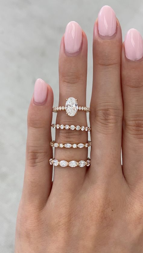 Wedding band inspo!  Pair your Oval with French Pave in Yellow Gold with these 3 options:  💎Round with shared prong band 💎Round and Marquise band  💎East West shared prong band Oval Wedding Band, Marquise Band, Stacked Wedding Bands, Pave Band, Engagement Rings Oval, East West, Diamond Wedding Bands, Diamond Wedding, Wedding Band