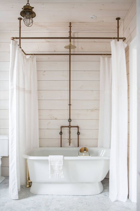 An antique soaking tub is ringed by custom linen shower curtains hanging from a brass-pipes shower curtain hoop designed by Anthony. Clawfoot Tub Shower, Diy Shower Curtain, Vintage Tub, Bad Inspiration, Diy Shower, Curtain Ideas, Tub Shower Combo, Shower Curtain Rods, Upstairs Bathrooms