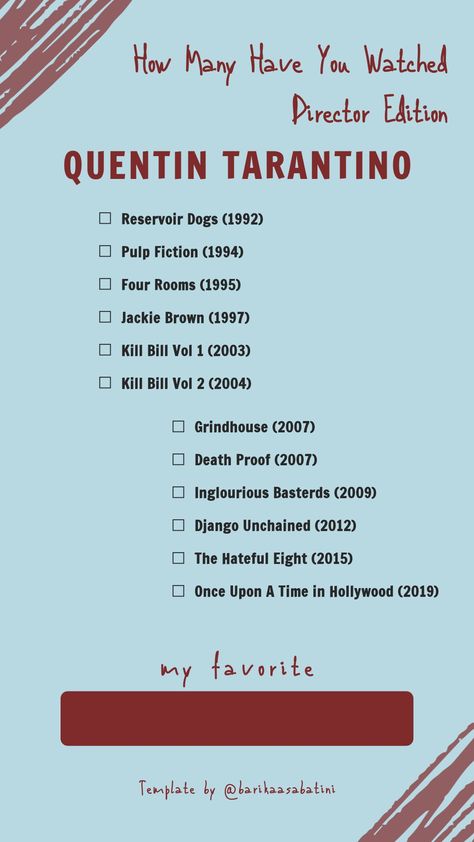 Tarantino Party Ideas, Quentin Tarantino Movies List, Tarantino Quotes, Quentin Tarantino Quotes, Movies Marathon, Movie Checklist, Classic Movies List, Best Movies List, Quentin Tarantino Films