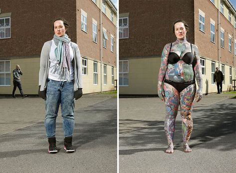 Photographer Reveals What Hides Under Tattooed People's Everyday Clothes Heavily Tattooed, Tattooed People, Kiss Tattoos, 10 Tattoo, Hidden Tattoos, Tattoo People, Tailoring Jeans, Photo Series, First Tattoo