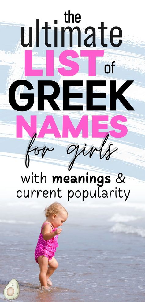 the ultimate list of greek names names for girls with meanings and current popularity - picture of baby girl on beach wearing pink bathing suit Mythology Names And Meanings, Cool Greek Names, Greek Names For Girls, Goddess Names And Meanings, Greek Baby Girl Names, Names Of Baby Girl, Mythology Names, Greek Girl Names