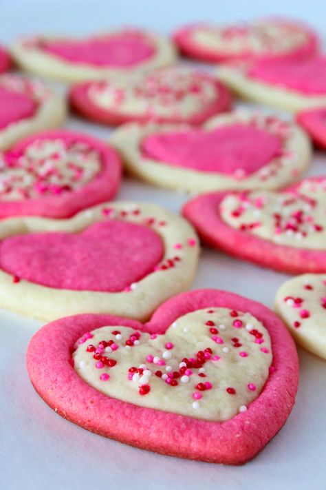 Easy Valentine's Day Sugar Cookies | Practically Homemade Valentines Day Sugar Cookies, Cream Cheese Sugar Cookies, Valentines Recipes Desserts, Valentine Cookie, Valentines Snacks, Perfect Sugar Cookies, Valentine Sugar Cookies, Valentines Baking, Valentine Desserts