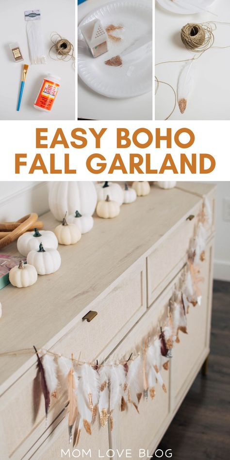 DIY fall feather garland decor. Front Entryway Table, Indoor Fall Decorations, Diy Fall Garland, Indoor Fall Decor, Feather Garland, Fall Garland, Fall Decor Ideas, Fall Decorations Porch, Boho Fall