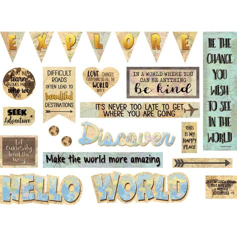 Explore and discover the globe right from home! This theme features antique-looking maps, browns, light blues and mindset sayings! Motivational Bulletin Boards, Map Quotes, Travel Theme Classroom, Calendar Bulletin Boards, Lakeshore Learning, Adventure Theme, Bulletin Board Sets, Teacher Created Resources, Map Globe