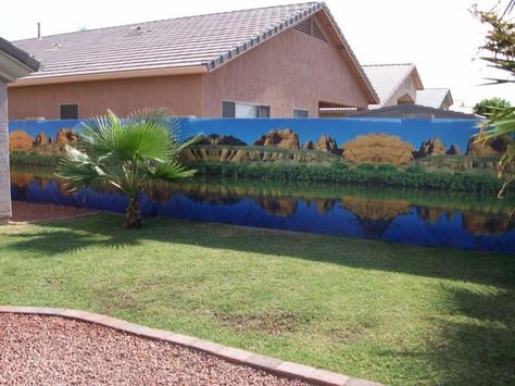 Back Yard Cinder Block Wall Mural | Wall Sensations murals want to beautify your Phoenix backyard block ... Mural Art Interior, Phoenix Backyard, Outdoor Murals, Desert Backyard, Exterior Murals, Cinder Block Walls, Colorful Patio, Photos Wall, Cheap Fence