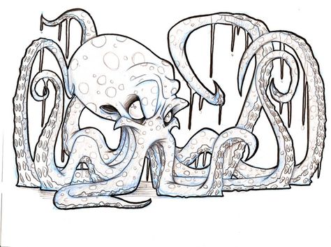 Kraken Sketch, Octopus Graffiti, Octopus Art Drawing, Octopus Sketch, Octopus Drawing, Octopus Tattoo Design, Octopus Tattoo, Octopus Art, Graffiti Style Art