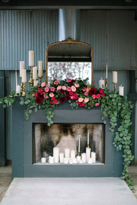 Gold candle holders with gorgeous flowers and vines as wedding backdrop #wedding #blacktie #gold #goldwedding #weddingdecor Eucalyptus Wedding Decor, Wedding Fireplace, Christmas Fireplace Mantels, Flowers And Candles, Garland Wedding Decor, Decoration Evenementielle, Wedding Ceremony Ideas, Pink Wedding Inspiration, Fireplace Mantel Decor