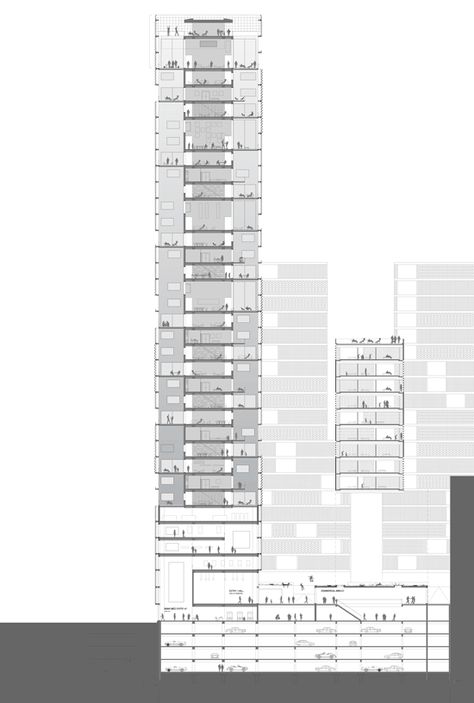 Mapping Illustration, Architectural Sections, Section Elevation, Vertical City, Theater Architecture, Interior Architecture Drawing, Architecture Panel, Interior Design Drawings, Architectural Section