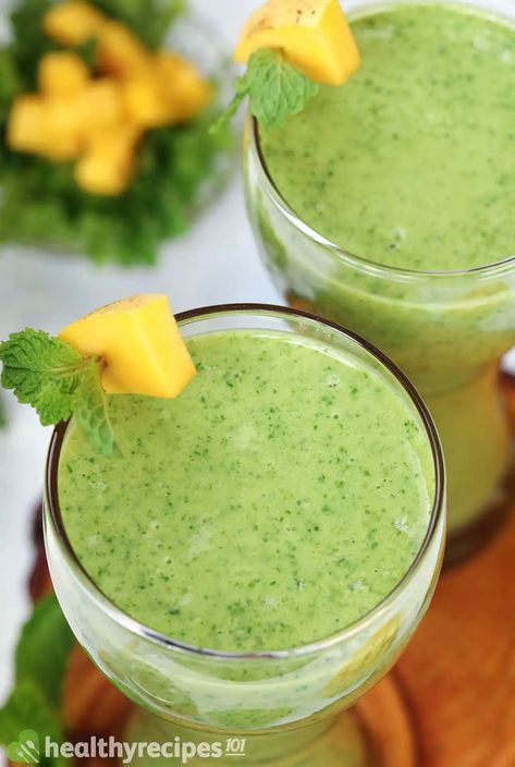 Mango Kale Smoothie Recipe: Healthy Greens With a Flavor-Burst Kale Smoothie Recipes, Healthy Greens, Kale Smoothie, Recipe Healthy, Smoothie Recipe, Healthy Snacks Recipes, Healthy Foods, Smoothie Recipes, Kale