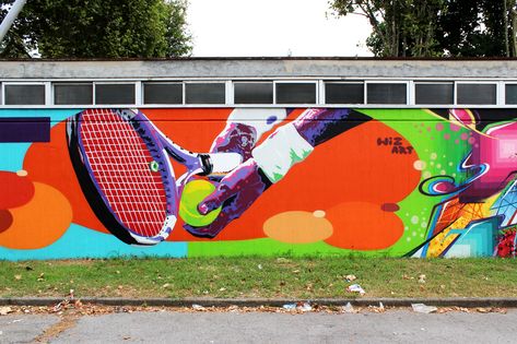 Sports Graffiti Wall, Sports Graffiti Street Art, Sports Mural Street Art, Tennis Art Painting, Sport Graffiti, Sports Mural, Sports Graffiti, Tennis Wall Art, Tennis Art