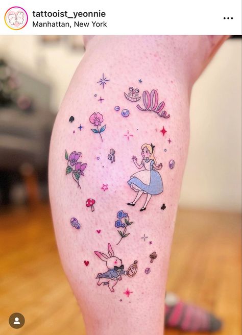 Doodle Tattoo Ideas, Disney Tattoos Unique, Tatuaje Studio Ghibli, Alice And Wonderland Tattoos, Sparkle Tattoo, Purple Tattoos, Small Doodle, Back Piece Tattoo, Bottle Tattoo