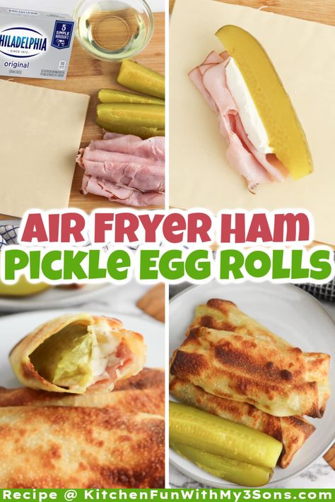 Pickle Egg Rolls Air Fryer, Pickle Wonton Wraps Air Fryer, Pickle Egg Rolls, Air Fryer Pickles, Pickle Wraps, Fried Ham, Savory Ham, Cream Cheese Wontons, Cheese Crescent Rolls