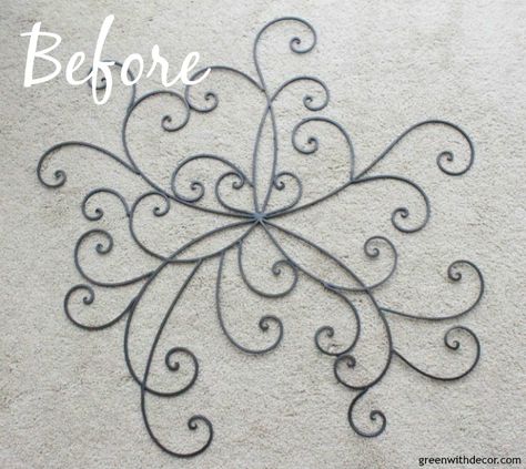 The easiest way to update metal wall decor - give it a coat of paint and move it to a new room for a new look! Such an easy decorating and DIY idea! Repurpose Metal Wall Art, Upcycle Metal Wall Decor, Wire Wall Art Diy Simple, Iron Wall Decor Ideas, Diy Metal Wall Art, Wrought Iron Wall Art, Metal Leaf Wall Art, Glam Wall Decor, Wrought Iron Wall Decor