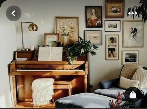 Piano With Shelves Above, Piano Room Ideas Cozy, Piano In A Small Living Room, Keyboard Piano In Living Room, Piano Under Window, Decor Above Piano Living Rooms, Living Room Upright Piano, Stand Up Piano In Living Room, Upright Piano Styling