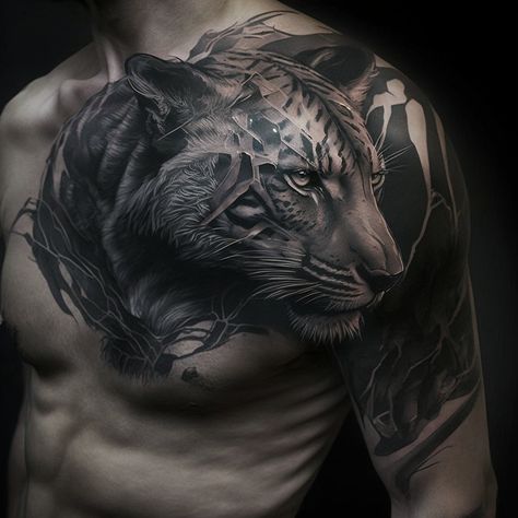 Panther Chest Tattoo Men, Tattoo Trends 2023, Full Chest Tattoos, Big Cat Tattoo, Tattoo Placements, Mens Lion Tattoo, Aztec Tattoo Designs, Choose Her, Dragon Sleeve Tattoos