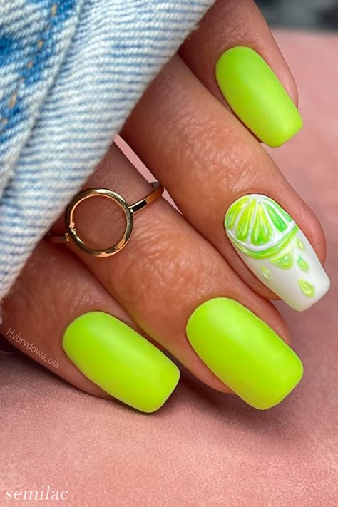 Short Lime Green Neon Nails with Fruit Nail Art Check more at https://mangadexx.com/short-lime-green-neon-nails-with-fruit-nail-art/ Nails With Fruit, Green Neon Nails, Lime Nails, Theme Nails, Lime Green Nails, Fruit Nail Designs, Trendy Summer Nails, Classy Nail Art Ideas, Lime Fruit