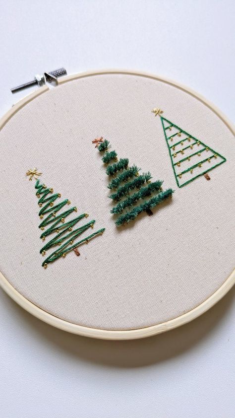 Hayley - Embroidery Artist | Here are three ways you can stitch a Christmas tree 🎄 1) Zig zag tree in Backstitch 2) Turkey Stitch tree, all the fluff! 3) Sparkly... | Instagram Embroidery Tree Pattern, Family Tree Embroidery Pattern, Christmas Tree Hand Embroidery, Turkey Stitch, Embroidery Patterns Christmas, Family Tree Embroidery, Embroidery Christmas Tree, Jute Bags Design, Embroidered Christmas Tree