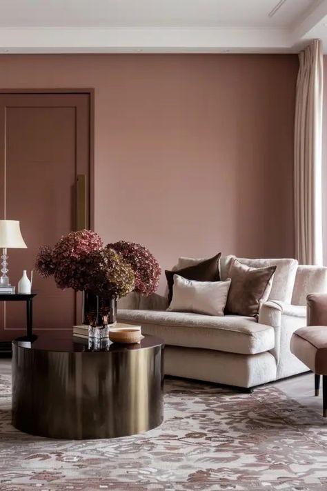 Living Room Inspiration Colour, Mauve Dining Room Walls, Calm Paint Colors For Bedroom, Rose Colored Walls, Blush Walls Living Room, Mauve Walls Living Room, Subtle Pink Living Room, Mauve Living Room Walls, Moody Pink Living Room