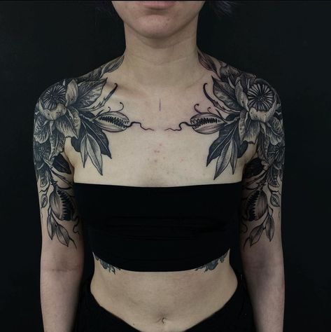 Asymmetrical Chest Tattoo, Body Modification, Black Work, Body Modifications, Chest Tattoo, Body Mods, Tattoos And Piercings, Sleeve Tattoos, Art Inspo