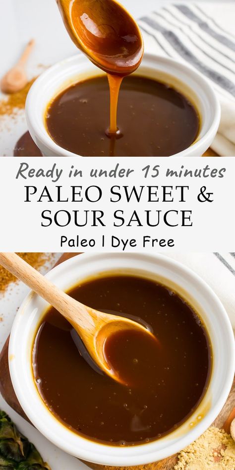 Long pin featuring Paleo Sweet and Sour Sauce in a ramekin with a wooden spoon. Ramekin is still on a wooden serving board with linen napkin, spilled coconut sugar and ground ginger and pineapple spear in the background. The top photo features a wooden spoon pouring sauce into a full ramekin. The bottom photo features a ramekin full of sauce with a wooden spoon immersed in it. Pineapple Vinegar, Paleo Sauces, Coconut Aminos, Slow Cooker Meatballs, Sweet And Sour Sauce, Juice Plus, Vegetable Stir Fry, Sweet And Sour, Dye Free