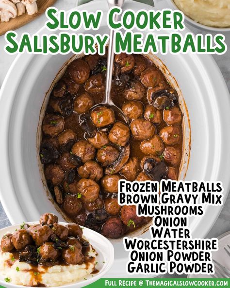 Frozen meatballs are turned into Salisbury steak meatballs using a couple of brown gravy mix packets, sliced mushrooms, Worcestershire sauce, garlic powder, and onion powder. This recipe is absolutely delicious and is a must-try for your dinner tonight. - The Magical Slow Cooker Frozen Turkey Meatball Recipes, Salisbury Meatballs, Hamburger Casseroles, Casseroles Recipes, Crockpot Meatballs, Salisbury Steak Meatballs, Meatball Recipes Crockpot, Summer Lunches, Slow Cooker Salisbury Steak