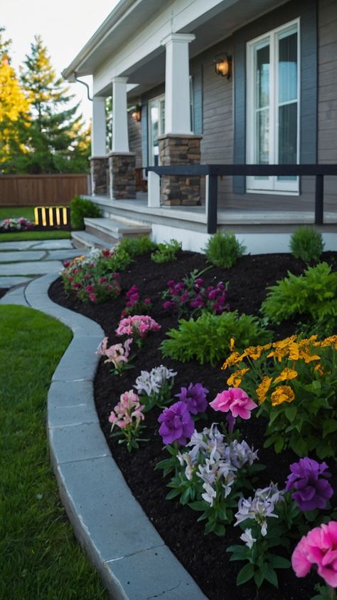 Discover charming flower bed ideas for the front of your house including raised rock garden designs low maintenance DIY stone creations and full sun rock gardens Explore easy perennial rustic and white rock landscaping for a beautiful fall display Upgrade your outdoor space with these creative and stunning Pinterest-worthy landscaping designs River Rock Landscaping Front Yard Flower Beds Garden Ideas, Raised Ranch Front Yard Landscaping, Raised Ranch Landscaping Front Yards, Rock In Flower Bed Landscaping, Flower Beds In Front Of House, White Rock Landscaping, Front Yard Flower Garden, Rock Flower Beds, Rockery Garden