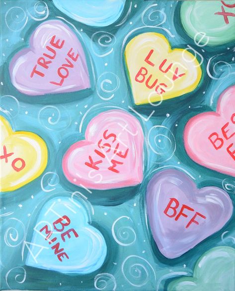 Heart Candies | Kate Cook | Flickr Candy Heart Canvas Painting, Candy Heart Crafts, Heart Candy Painting, Candy Painting Ideas, Conversation Heart Painting, Heart Canvas Ideas, Painting Heart Ideas, Candy Hearts Drawing, Candy Hearts Painting