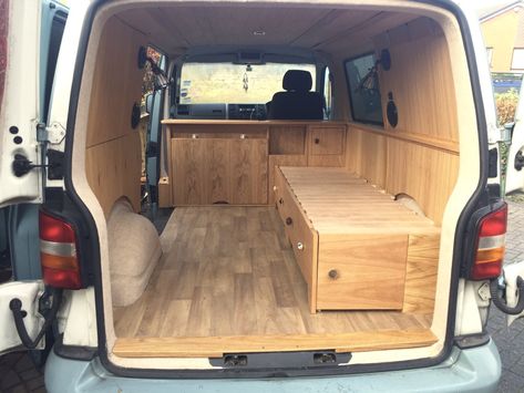 Camper Campervan VW T5 Oak Interior Adventure Explore Conversion XXI - James Archer Furniture T4 Camper Interior Ideas, Vw T5 Interior, Vw Transporter Camper, Vw Camper Conversions, Kangoo Camper, Minivan Camper Conversion, Campervan Bed, Volkswagen T5, Electric Kitchen