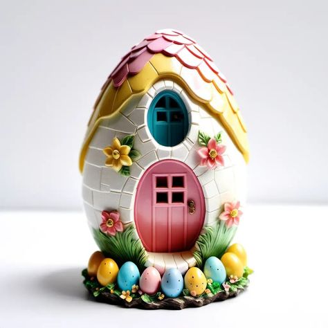 Easter Resin Egg House on a Clean White Background | MUSE AI Egg House, Resin Egg Diy, 3d Egg Craft, Easter Houses Gingerbread, Egg Diorama Easter, Panoramic Easter Eggs, Egg Painting, Cold Porcelain, Food Decoration