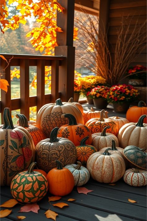 creative pumpkin decorating ideas Bird Pumpkin Decorating, Elaborate Pumpkin Decorating, Fairytale Pumpkins Front Porch, Creative Pumpkin Decorating Ideas, Velvet Pumpkins Display, Fairy Cottage Pumpkin, Fall Mantel Decorating Ideas, Mums In Pumpkins, Mantel Decorating Ideas