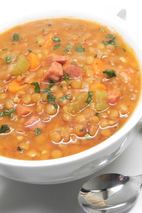 Instant Pot®️️ Lentil and Ham Soup | "I needed to use the left over Kirkland ham , and we love lentils. I used the Instant Pot. I also used red lentils.This is yummy." #allrecipes #instantpotrecipes #instantpot #howtouseinstantpot #pressurecooker #pressurecookerrecipes #pressurecookerideas Lentil Instant Pot, Ham And Lentil Soup, Lentils Instant Pot, Soup Lentil, Ham Soup Recipes, Ww Recipe, Healthy Soups, Pot Dinners, Ham Soup