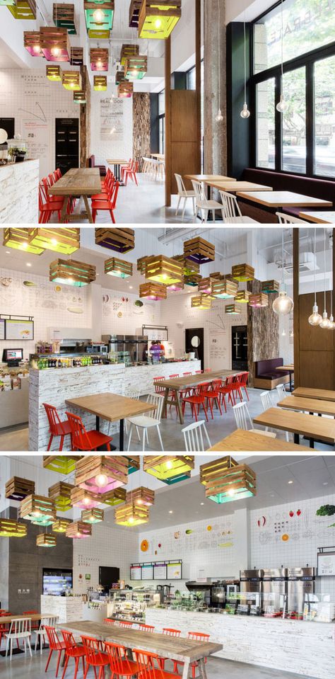 Lighting Design Idea - Wood Crates Painted On The Inside Act As Shades In This Restaurant Cafe Menu Ideas, Design Cafe, Casa Vintage, Casa Container, Coffee Shop Design, China Design, Tables And Chairs, Cafe Menu, Cafe Interior Design