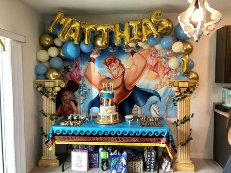 Disney Hercules inspired birthday party decorations. Disney Hercules Party Ideas, Hercules Themed Birthday Party, Hercules Disney Party, Hercules Party Ideas, Hercules Birthday Party For Boys, Hercules Party Decorations, Hercules Theme Party, Baby Hercules Party, Hercules Baby Shower Theme