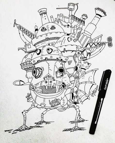 Howls Moving Castle Line Art, Studio Ghibli Line Art, Howls Moving Castle Sketch, Howls Moving Castle Drawing, Studio Ghibli Drawings, Castle Sketch, 하울의 움직이는 성, Castle Tattoo, Castle Drawing