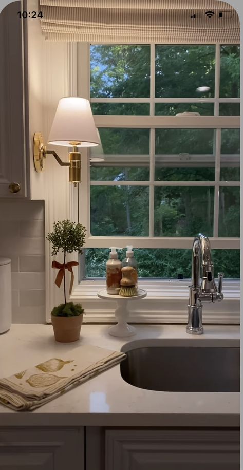 Scones Over Kitchen Window, Above Window Lighting Kitchen Sinks, Small Window Kitchen Ideas, Light Over Window Kitchen, Light Above Window In Kitchen, Shelves In Front Of Windows Kitchen, Sink Window Kitchen, Kitchen Light Above Sink With Window, Lights Above Kitchen Window