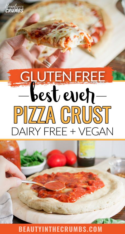 gluten free pizza crust recipe (dairy free and vegan, too) Easy Gluten Free Pizza Crust, Best Gluten Free Pizza Crust, Gluten Free Pizza Crust Easy, Gluten Free Pizza Dough Recipe, Pizza Dough Recipes, Gluten Free Pizza Crust Recipe, Gluten Free Pizza Dough, Gluten Free Sandwich Bread, Dairy Free Pizza