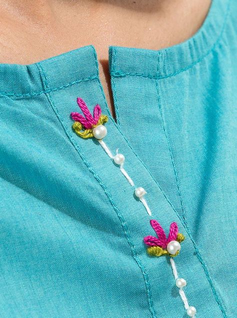 Handmade Buttons For Kurti, Anchor Work On Kurti, Simple Hand Embroidery Designs For Kurti Neck, Kurti Embroidery Design Neckline, Hand Embroidery Neck Designs Neckline, Kurti Neck Embroidery Designs, Hand Embroidery On Kurta, Kurta Embroidery Design, Hand Embroidery Designs For Kurti