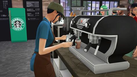 Sims4 Starbucks, Starbucks Coffee Machine, Sims Lots, Sims 4 Restaurant, Strawberry Acai Refresher, Sims Gameplay, Cafe Barista, Starbucks Locations, Local Cafe