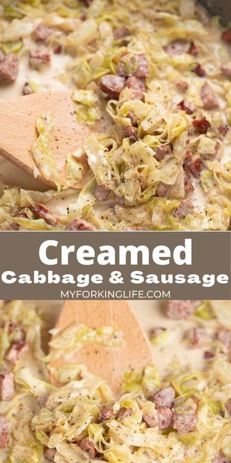 This delicious creamed cabbage and sausage is a perfect quick and easy weeknight meal. Ready to serve in less than 30 minutes and all made in one skillet. #sausageandcabbage #creamedcabbage Creamy Sausage And Cabbage, Cabbage Ground Sausage Recipes, Crockpot Cabbage And Sausage Alfredo, Cabbage Onions And Sausage, Cabbage Alfredo Crockpot, Cabbage Sausage Cream Cheese, Cream Cheese Cabbage, Pork Sausage And Cabbage Recipes, Sausage Cabbage Casserole