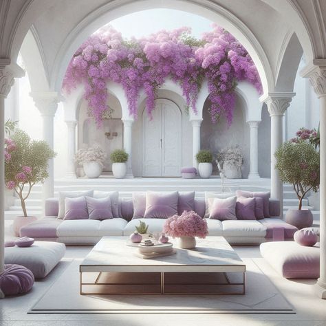 🌿✨ Discover Tranquil Elegance ✨🌿 Step into a serene escape with our AI-generated home interiors, blending pristine white architecture with soft purple accents. 🏡 Majestic Arches: Embrace the timeless beauty of white walls and arched doorways and windows, exuding sophistication. 💜 Purple Touches: Soft purple cushions and seating areas add a pop of color, enhancing the peaceful vibe. 🌸 Natural Beauty: Lush purple bougainvillea cascades gracefully, adding natural charm. Subtle greenery and d... Lavender Living Room, Lavender Interior, Purple Cushions, Beauty Room Design, European Home, Purple Accents, Soft Purple, Wedding Stage, European Vintage