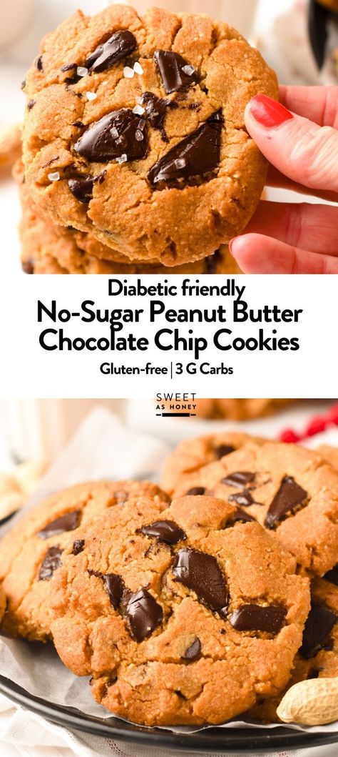 These easy Keto Peanut Butter Chocolate Chip Cookies are ultra-crispy peanut butter cookies with delicious dark chocolate chunks perfect for fixing a sweet craving with only 2.7 grams of net carbs!Plus, these keto chocolate chip cookies are also gluten-free! Homemade Keto Cookies, Peanut Butter Cookies For Diabetics, Keto Peanut Butter Chocolate Chip Cookie, Sugar Free Cookies Easy, Sugarfree Cookies Recipe, Cookies For Diabetics, Keto Oatmeal Cookies, Hyper Ketosis, Best Keto Chocolate Chip Cookies