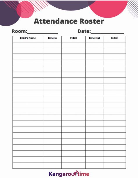 Sign-in sheets allow childcare providers and early educators to track when children enter and leave your center. To help you keep track of attendance each day, Kangarootime has created a free downloadable sign-in and attendance sheet. These sheets can be printed daily for use at your childcare center. Daycare Sign In Sheet, Attendance Register, Daycare Signs, Preschool Charts, Accountable Talk, Sign In Sheet Template, Attendance Sheet, Daycare Design, Sign In Sheet