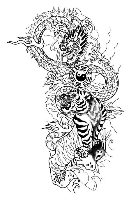 Battle Tattoo For Women, Tiger And Dragon Tattoo For Women, Dragon Tiger Tattoo Design, Dragon And Tiger Tattoo Design, Tiger And Dragon Tattoo Japanese Style, Tattoo Of Dragon, Battle Royale Tattoo, Tiger Dragon Tattoo, Tiger And Dragon Tattoo