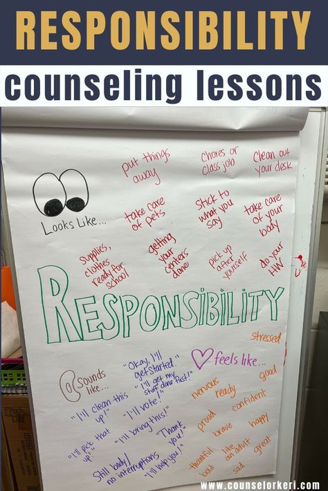 Looking for a fun responsibility counseling lesson? Use this one to help students understand what responsibility is and looks like. Great for responsibility lessons, responsibility counseling activities, responsibility small group counseling activities, and more. Responsibility Lessons, Elementary School Counseling Lessons, Counselor Keri, Leadership Ideas, Group Counseling Activities, Mindfulness Activity, Teaching Responsibility, School Age Activities, Elementary School Counselor