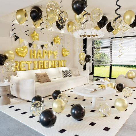 PRICES MAY VARY. Retirement Party Decorations for Women Men: This retirement balloon kit includes 1 x 16" gold "happy retirement" foil balloons, 1 x paper triangle banners, 25 x 10" metallic gold balloons, 25 x 10" black balloons, 15 x 12" gold confetti balloons, 2 x star foil balloons, 2 x heart foil balloons, 6 x gold hanging swirls, 6 x black hanging swirls; 2 x ribbons, 1 x 100 glues, 1 x balloon strip. Superior Quality: Natural, premium latex is used to make these balloons. To prevent the b Decoration For Men's Birthday, Happy Retirement Decorations Party Ideas, Male Retirement Party Ideas, Retirement Party Table Decorations, Retirement Party Decorations For Women, Gold Black Balloons, Happy Retirement Decorations, Happy Retirement Banner, Retirement Banner