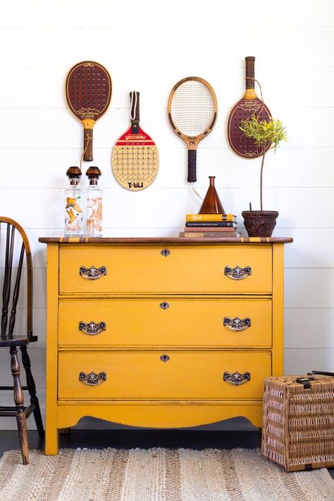 Vintage Oak Dresser, Dresser Remodel, Street Bedroom, Yellow Painted Furniture, Yellow Dresser, Large Dining Room Table, Dresser Vintage, Dresser Painted, Homestead House