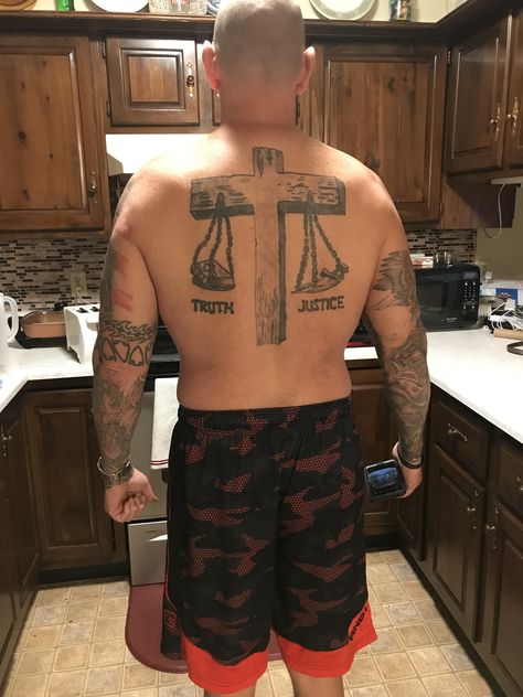 Back tattoo Justice Tattoo, Justice Quotes, Truth And Justice, Tattoo Idea, Back Tattoo, Tattoos, Quotes, Art